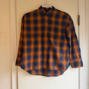 Madewell Womens XXS Orange Navy Blue Plaid Flannel Cotton Button Down Shirt